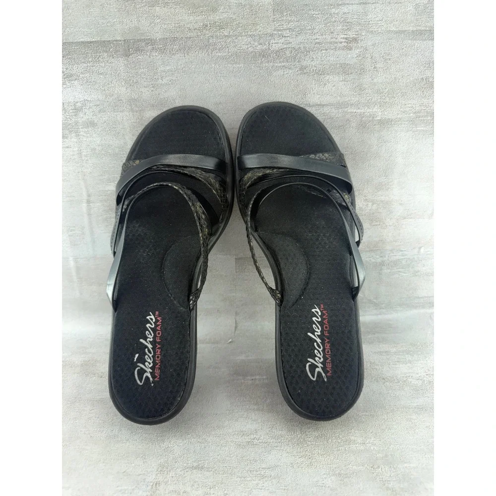 Skechers Women Black Snakeskin Strappy Memory Foam Wedge Sandals Size 8